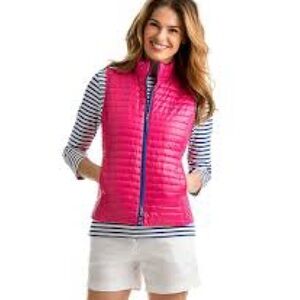 Vineyard Vines women's puffer vest in Rhododendron pink.